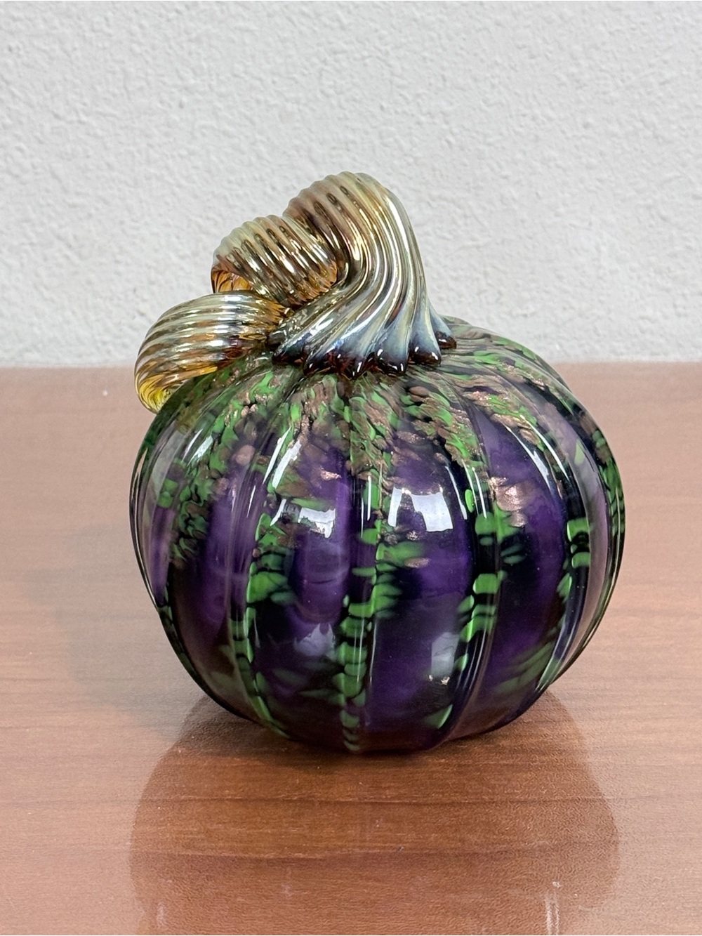 Hand-blown Art Glass Pumpkin Purple & Green 6-inch Signed New Orleans